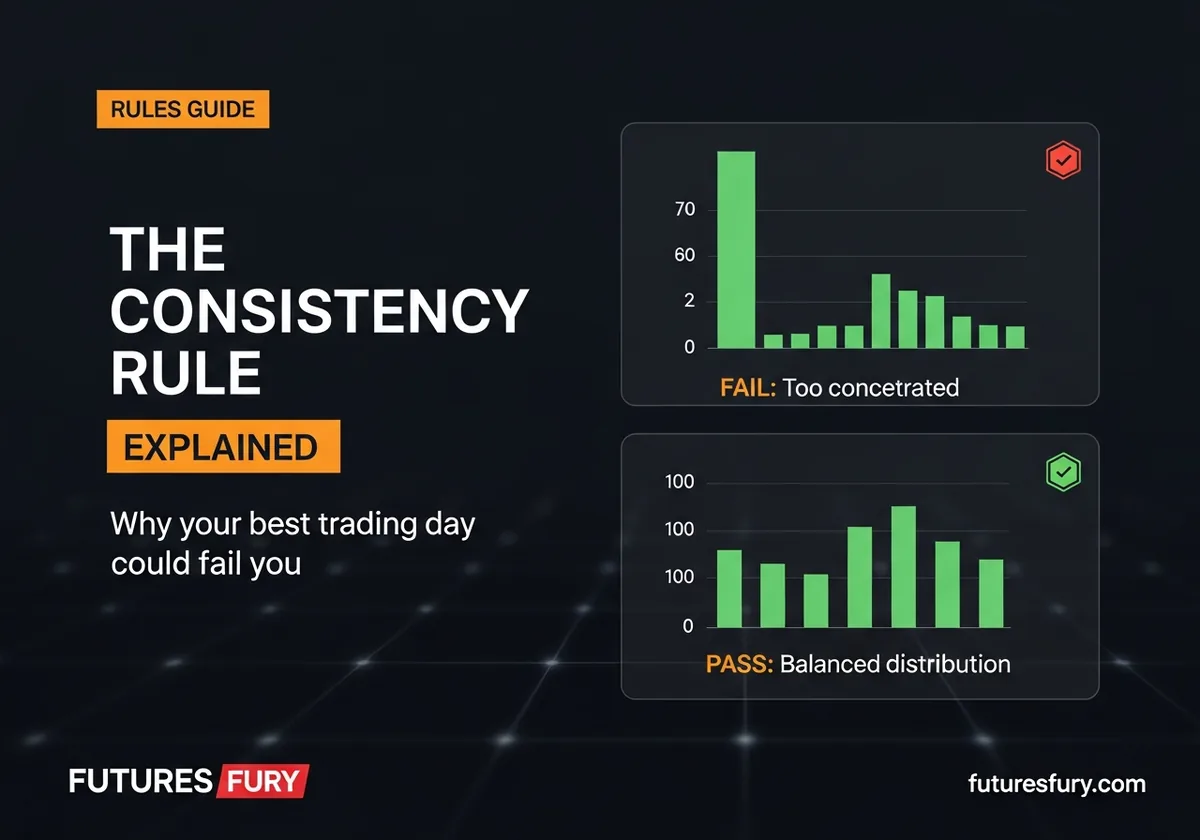 FuturesFury consistency rule infographic showing FAIL vs PASS profit distribution bars with concentrated vs balanced daily profits